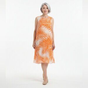 Chico's SZ 2/L/12 Tropical Palm Print Sleeveless Flyaway A-Line Summer Dress